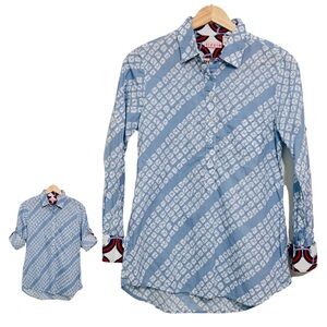 Tizzie Women’s Long Sleeve Button Up Shirt Blue and White Print Size XS